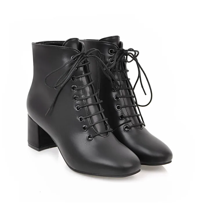 Meotina/ботильоны для женщин; женские ботинки на квадратном каблуке; полусапожки на высоком каблуке; сезон осень; повседневная обувь на шнуровке с круглым носком; 43 - Цвет: Black PU Velvet Lini