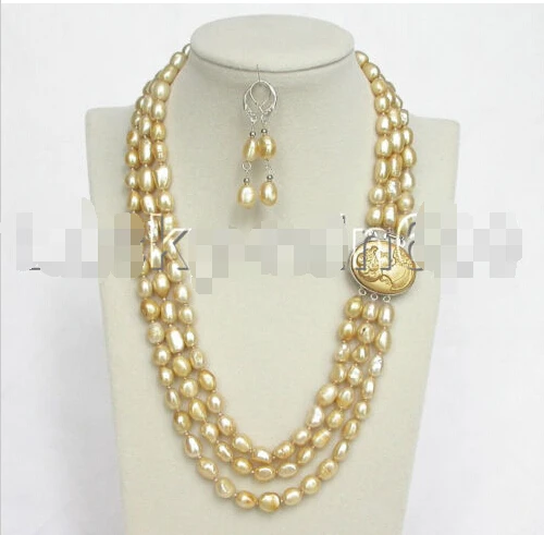

3row 12mm baroque light champagne pearls necklace dangle Earring e1478 (A0423)