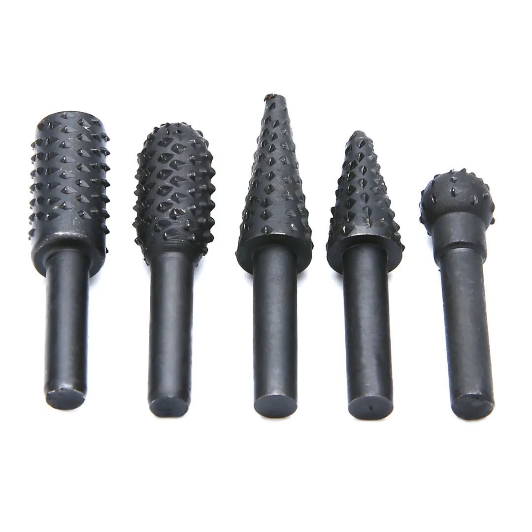 Mayitr 5pcs 1/4'' 6mm Shank Steel Rotary Burr Set Wood Rasp Drill Bits Cutter Files Set For DIY Hand Tool Black