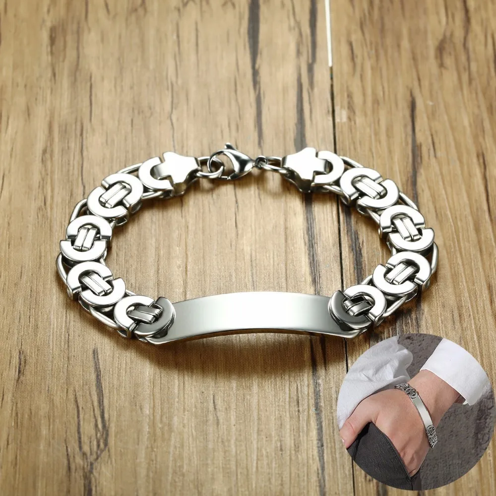 

Men's Flat Byzantine Chain ID Tag Identity Bracelet Personalised Stainless Steel Male Jewelry