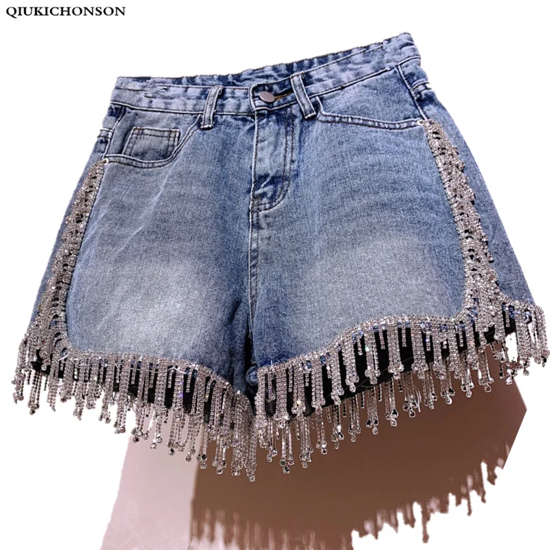 Qiukichonson Diamond Tassel Denim Shorts Women Summer 2019 England Style High Waist Knickers