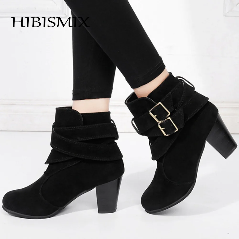 

HIBISMIX Plus Size 35-43 Women's Ankle Boots Ladies Ankle Buckle High Heeled Motorcycle Boots Women Casual Shoes 1257