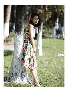 

Hepburn sleeveless dress vintage peony floral print collar slash neck retro dress vintage dresses women 50s 60s