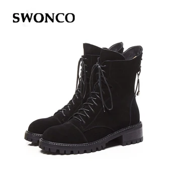 

SWONCO Black Motorcycle Boots Ankle Women Winter Velvet Fur Warm Shoes Female 2019 New Women Snow Boots Martin Genuine Leather
