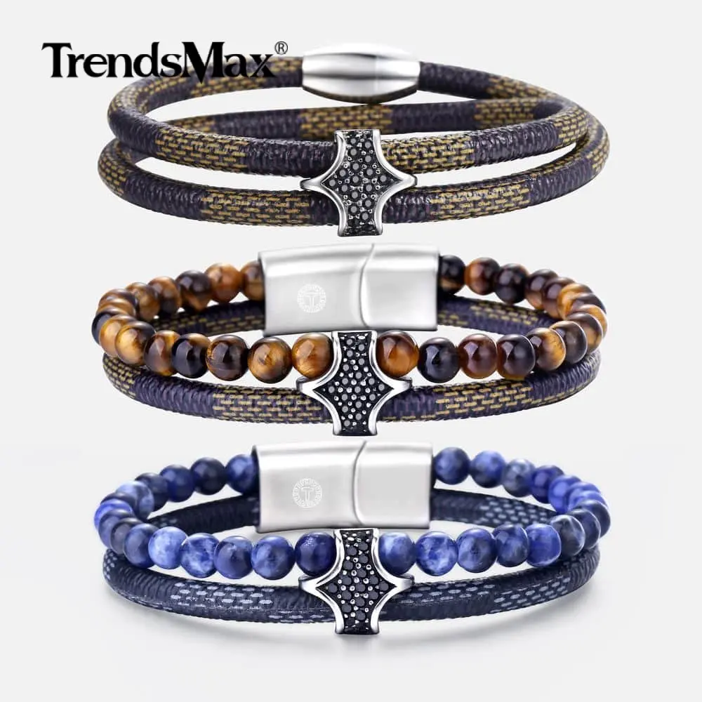 

Double Layer Natural Tiger Eye Stone Bracelet Mens Boys Leather Beads Wristband Stainless Steel Surfer Bracelets 10-12mm DLBM31