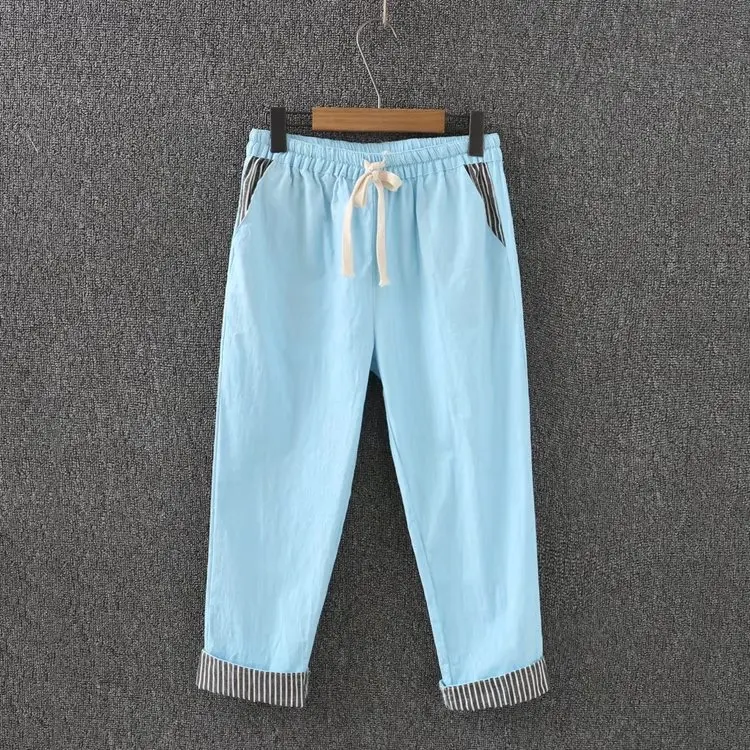 Тянущиеся узкие брюки для женщин длиной до середины икры свободного кроя размера плюс 3 4 XL повседневные хлопковые и льняные брюки KK3966 - Цвет: Небесно-голубой