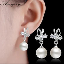 Anenjery 925 пробы серебряные серьги мозаичный циркон бабочка жемчуг серьги гвоздики для женщин oorbellen brincos pendientes S-E370