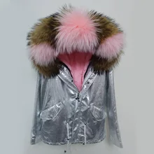 Зимняя модная куртка серебряное пальто Женская парка с капюшоном натуральное серебряное меховое пальто большой натуральный мех енота воротник ИЗУМИТЕЛЬНОЕ КАЧЕСТВО