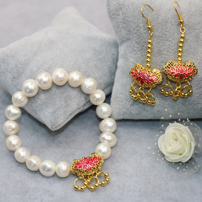 

High quality 9-10mm white natural approx round pearl beads bracelet earrings gold plated cloisonne diy jewelry set 7.5inch B3026
