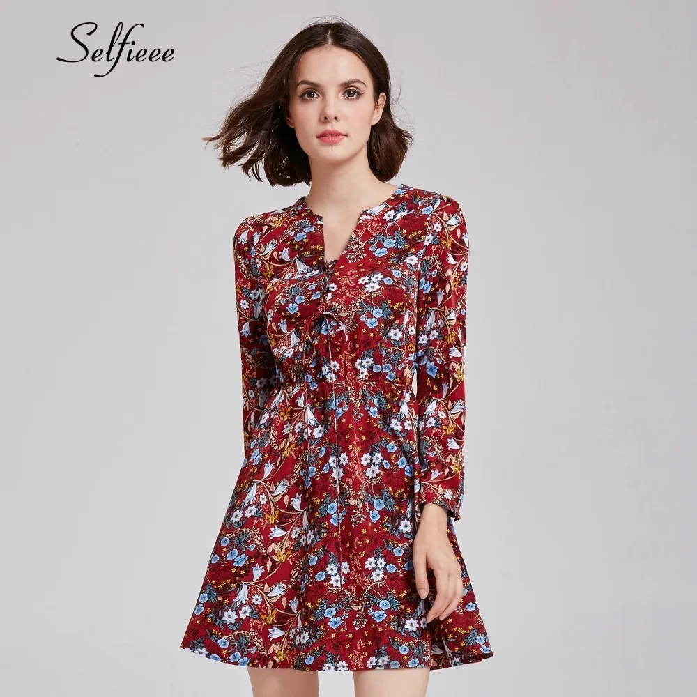 

Floral Print Burgundy Short Women Dresses A-Line Long Sleeve Laides Sweet Casual Boho Summer Beach Dresses 2019 Zomer Jurk