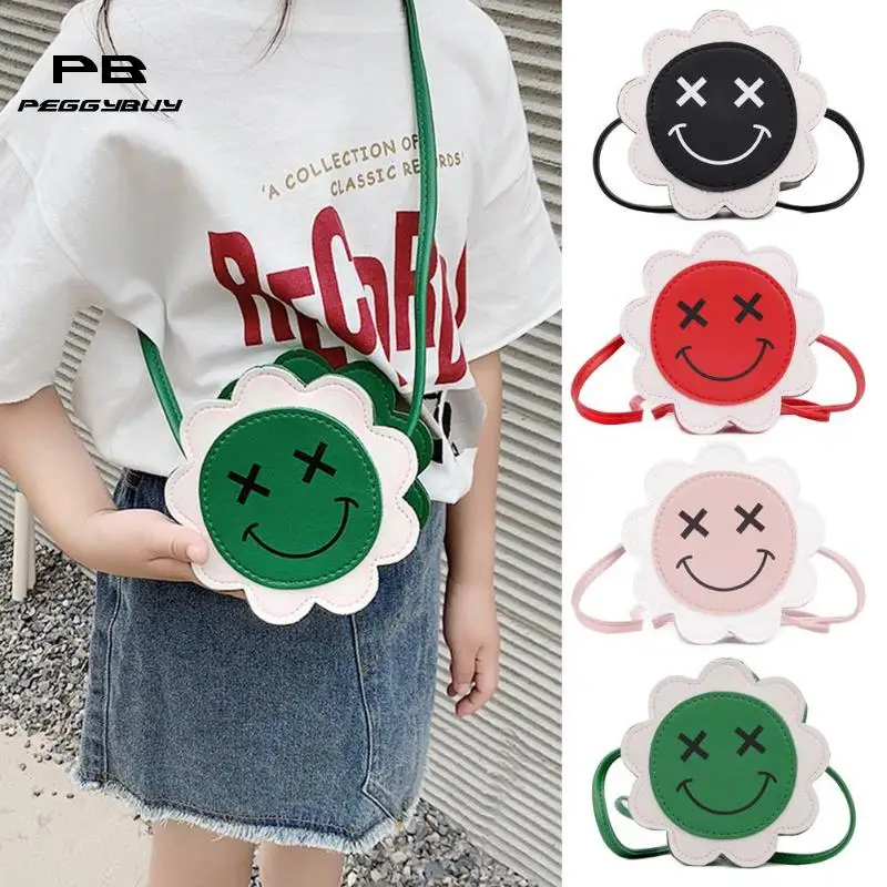 Cute Smile Flower Shaped Shoulder Handbags Leather Kids Crossbody Bags