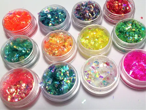 12 صناديق/قزحي الألوان الحلوى مسمار الفن يونيكورن سحق maylar ، حوريات البحر رقائق كسر الزجاج مرآة رقائق ، 3D زينة مانيكير