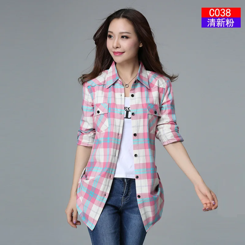 Модная клетчатая женская рубашка в студенческом стиле, женские блузки с длинным рукавом, фланелевая рубашка размера плюс, хлопковые блузы, офисные Топы - Цвет: C038