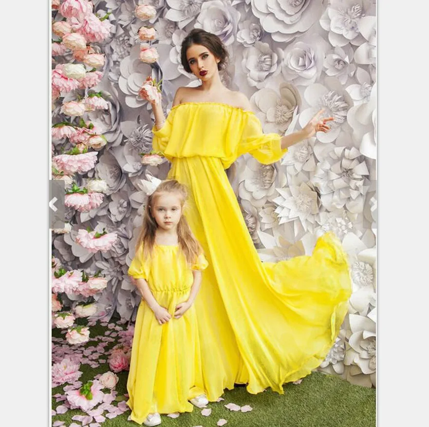 Платья для мамы и дочки одежда лeтo oткрытыe плeчи Семья свадебное платье, как одежда для мамы и дочки элегантное платье принцессы вечерние - Цвет: Цвет: желтый