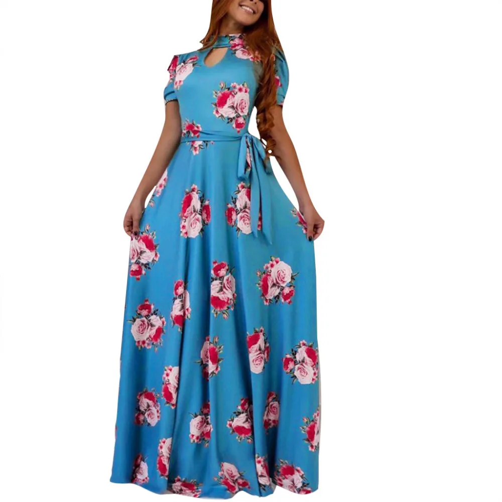 2019 woman short-sleeved printed beach dress long summer sexy beach dress plus size sunscreen beach dress cover up 40J3 (2)