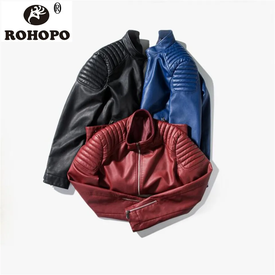 ROHOPO мужская кожаная куртка Ретро Красный Синий Черный Oneck водостойкая Весенняя верхняя одежда модная мужская воздушная мужская кожаная
