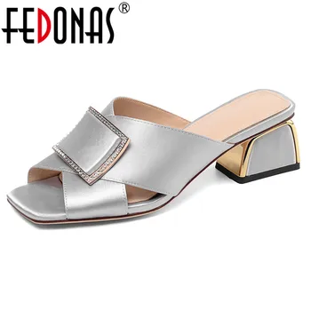 

FEDONAS Gladiator Slippers Fashion Women New Elegant Square High Heels Quality Silk Metal Summer Sandals Prom Party Shoes Woman