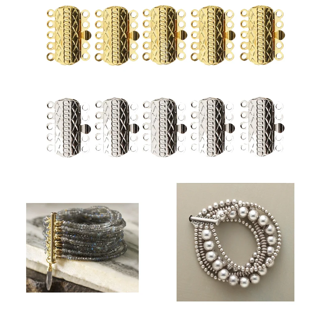 

10pcs Gold Silver Color Pinch Push Clasps 5 Strands 18x15mm Buckle DIY Accessories For Jewelry Necklace Bracelet Making Findings