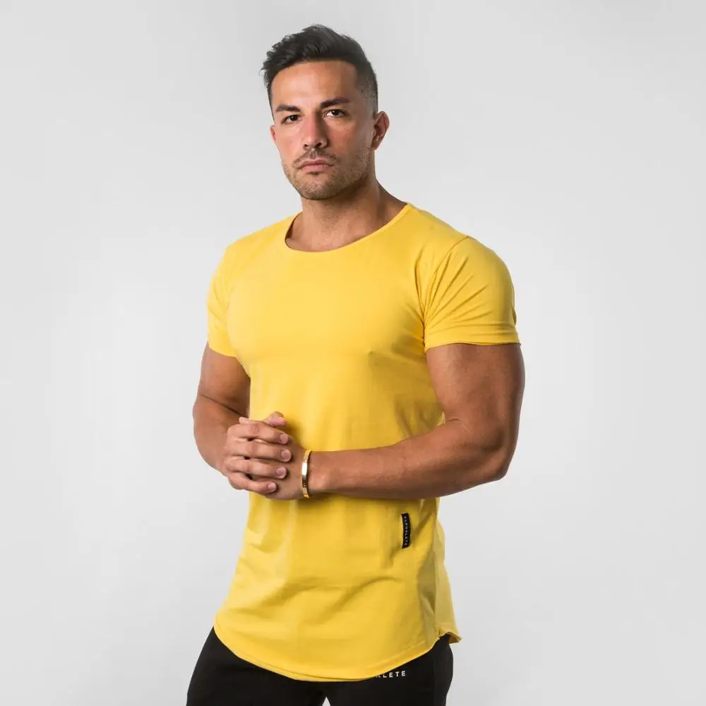 

2019 Yellow Pure color Gyms Tight Cotton T-shirt Mens Fitness T-shirt Homme Gyms T Shirt Men Fitness Summer Tees Tops