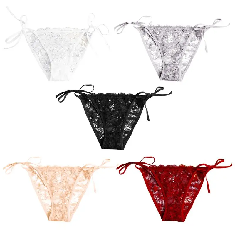 

Womens Sexy Low Rise T-Back Underwear Briefs Sheer Floral Lace Side Tie Lingerie G-String Solid Color Hollow Out Thong Panties