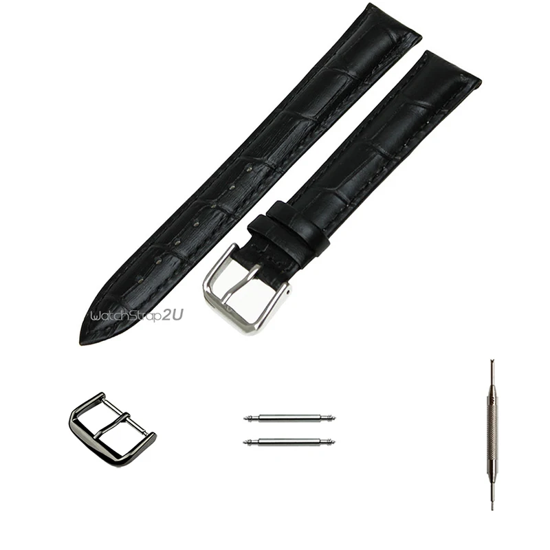 

Silver + Black Pin Buckle Bamboo Pattern Crocodile Grain Leather Watch Band Strap Wristwatch