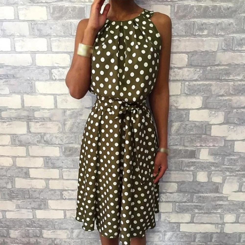 

Dot Printed Beach Off Shoulder Soft Casual Women Dress Sleeveless Lace-up Shopping Polyester Daily Home Crew Neck Summer