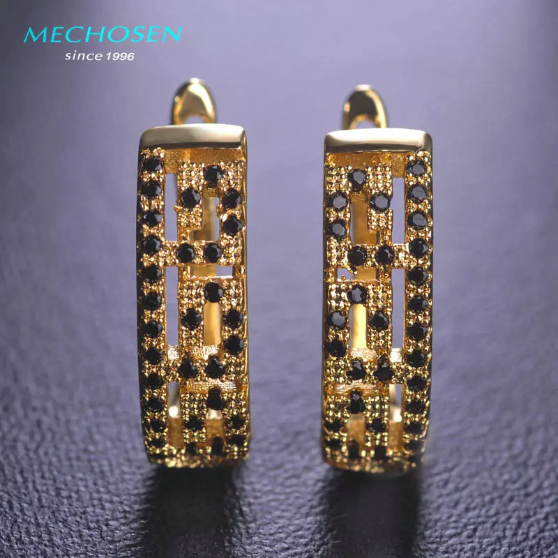 

MECHOSEN Brand Gold Color Square Wedding Stud Earrings AAA Zirconia Prong Setting Black Crystals Copper Brincos para as mulhe