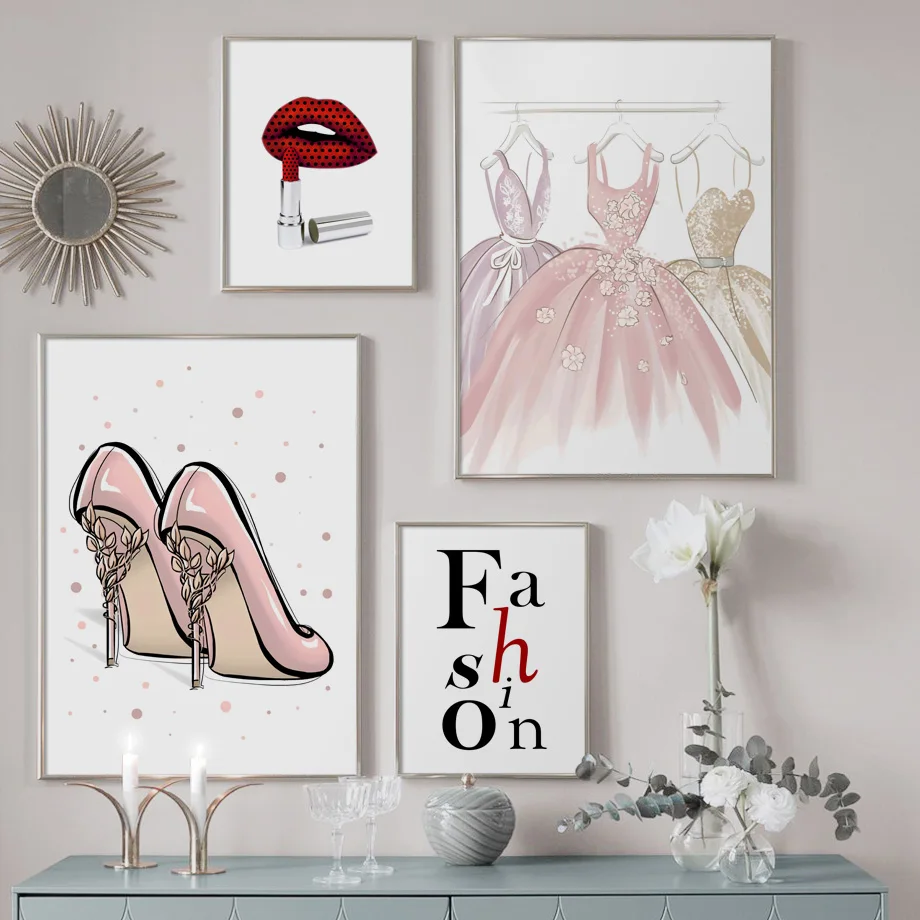 

Fashion Girl Dog Dress Lips High Heels Wall Art Canvas Painting Nordic Posters And Prints Wall Pictures For Living Room Decor