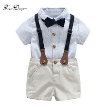 Tem doger/комплект одежды для мальчиков, летний костюм для маленьких мальчиков полосатая рубашка с галстуком+ комбинезон, комплект из 2 предметов Детские костюмы