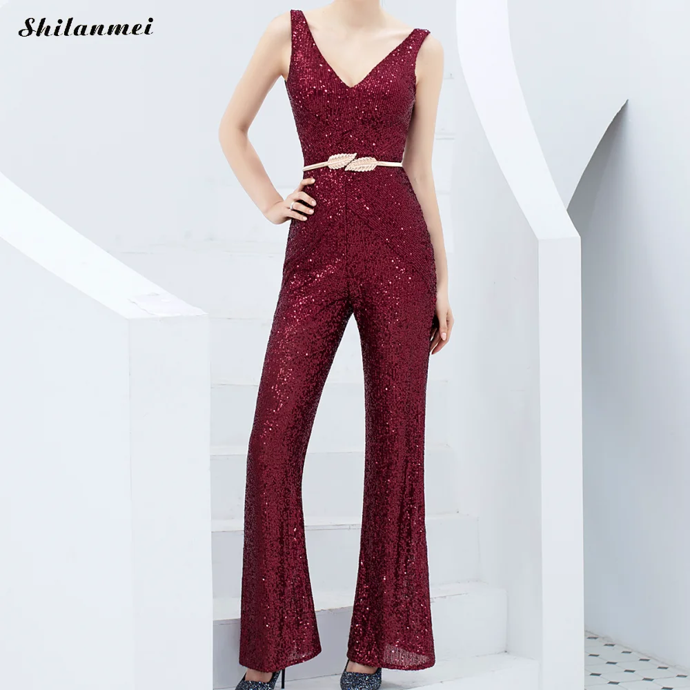 Sparkly Sequined Sequined Women Summer Sexy Deep V-Neck Club Party Long Playsuits Sleeveless Backless Elegant Romper Femme - Color: claret
