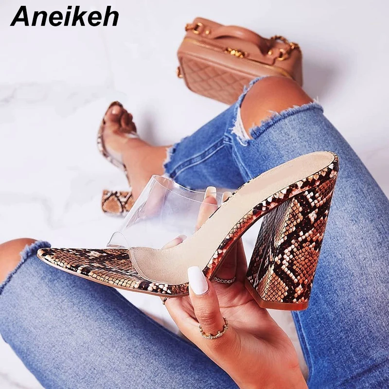 

Aneikeh 2019 Summer Sexy Serpentine Slippers Heels Open Toe High Heel Women Stilettos Ladies Thick Heel Pumps Shoes Size 41 42