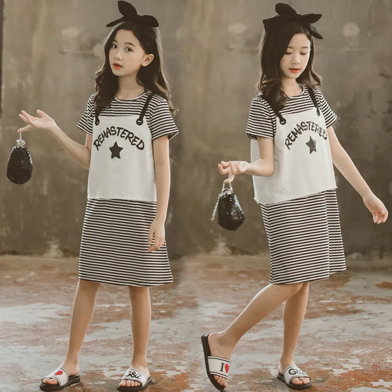 

Girl Wear Dress Suit Summer Children Stripe T Shirts Dresses Star Top Vetement Outfits Casual Short Sleeve Clothes Sets Costume
