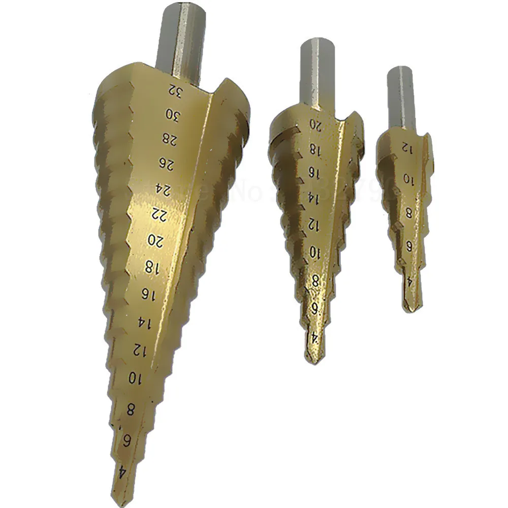 3pcs Steel Titanium Coated Step Drill Bit Hss Step Cone Drill Metal Wood Plastic Hole Cutter Bit Set Tool 4-12mm,4-20mm,4-32mm