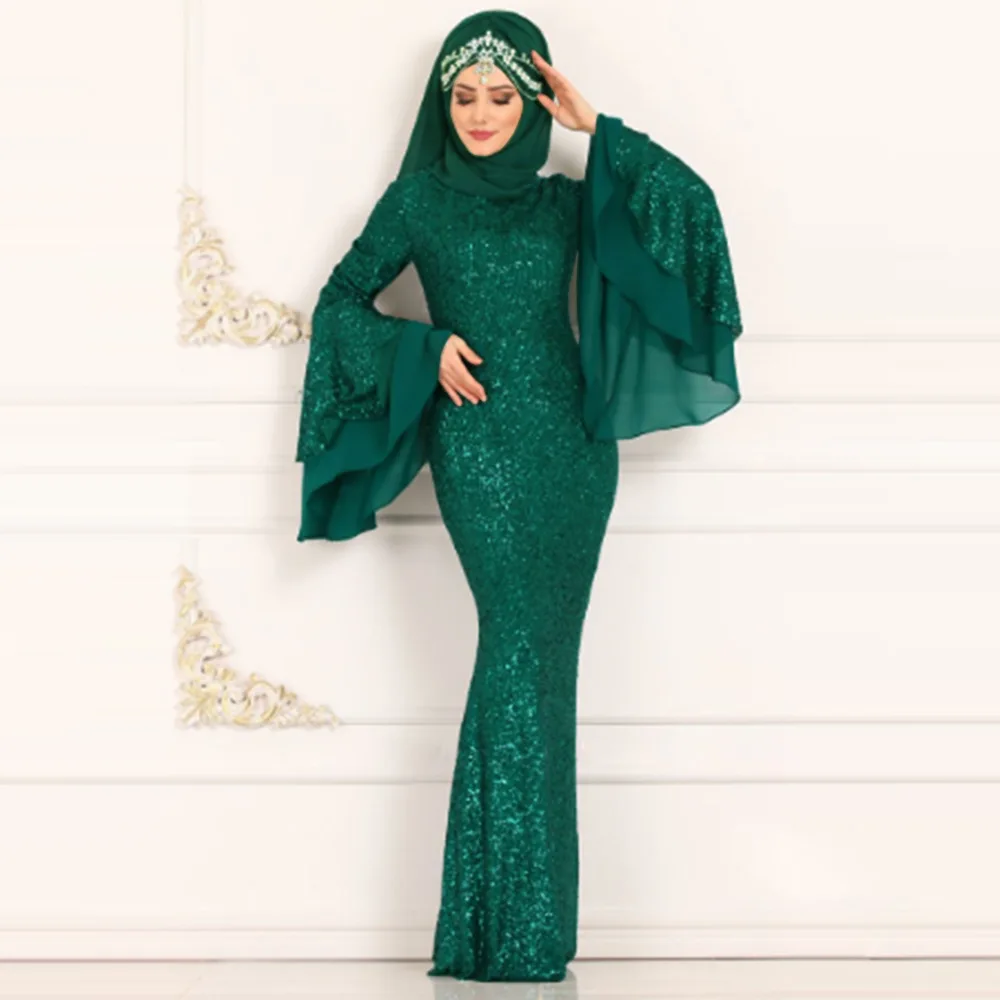 Средний Восток Хит стиль мусульманская женская одежда исламское двухслойное платье с большими расклешенными рукавами Лоскутная расшитая блестками ягодица обертывание dre - Цвет: as picture