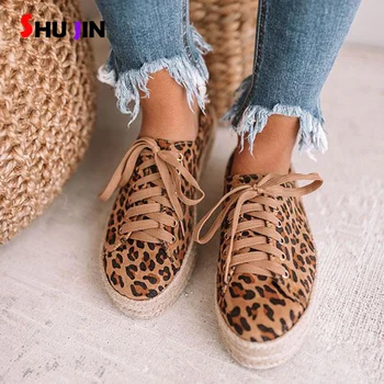 

Fashion Leopard Flats Women Shoes 2019 New Lace-Up Casual Canvas Platform Shoes Woman Sneaker Comfortable Women Flats Dropship