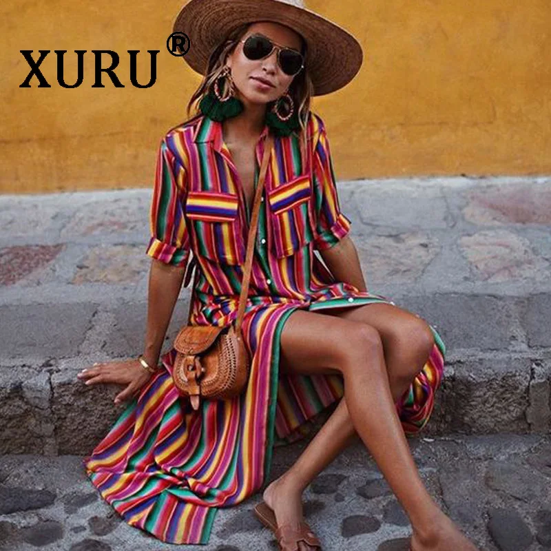

XURU New Summer Women's Print Dress Color Stripe Bohemian Beach Long Dress Single Breasted Shirt Dress