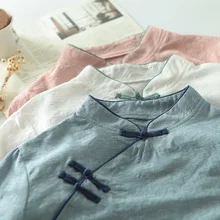 Традиционная китайская рубашка для женщин осень весна японский стиль Этническая Винтаж воротник Мандарин синий белый розовый лягушка блузка F Топы