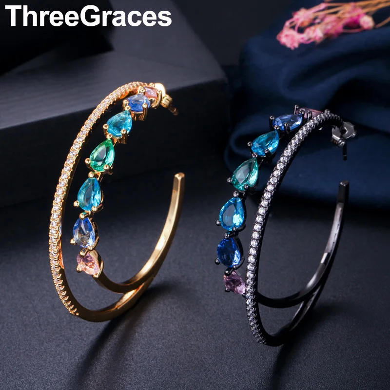 

ThreeGraces Trendy Yellow Glod Cubic Zirconia Mystic Rainbow Crystal Large Wedding Party Double Hoop Earrings for Brides ER320