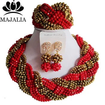 

Trendy red Nigerian wedding African beads jewelry set crystal necklace bracelet earrings A well-known brand Majalia 1025