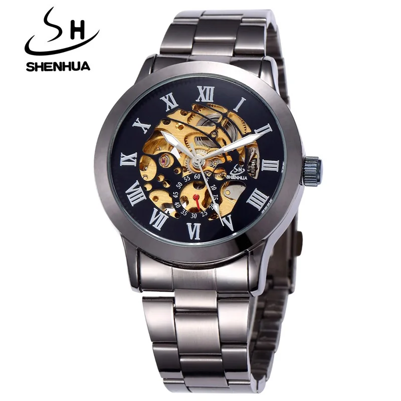 

New New SHENHUA Top Brand Luxury Retro Black Automatic Mechanical Skeleton Watches Men Waterproof Shockproof Sports Men Watches