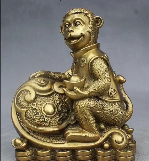 

free 7" China Feng shui Brass Auspicious Ruyi Yuanbao Fu Monkey Animal Wealth Statue fast