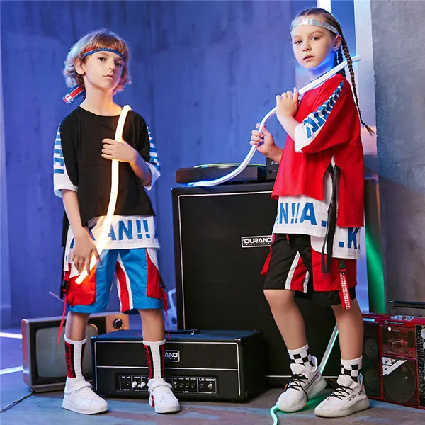 

2019 New Girls Boys Jazz Dance Costumes Tide Colorful Hip Hop Street Dance Performance Costume Set Tops Shorts 2 Pcs Set 110 170