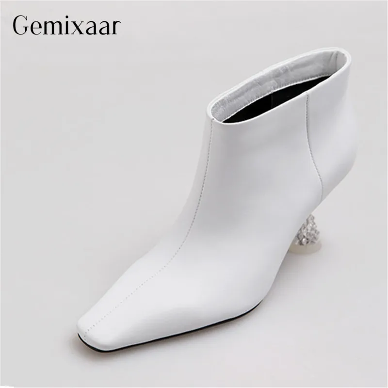 

Cup-heel Boots Shoes Women Point Toe Solid Color Ankle Botas Fashion Sheepskin High-clear-cup-heel T-show Botas Women Size 35-41