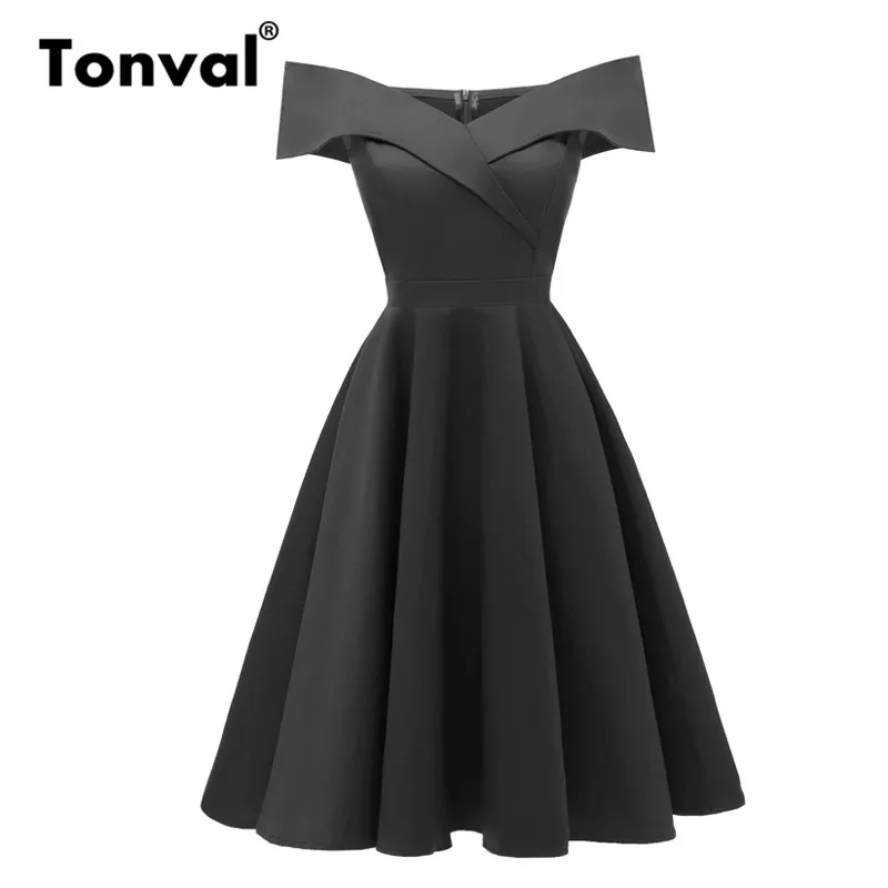Tonval Vintage Criss Cross Off the Shoulder Party Sexy Dress Black Elegant Solid Tunic Dress Women A Line Cotton Dresses