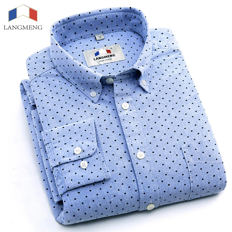 Langmeng 2016 New 100% Cotton Men Long Sleeved Slim Fit Dress Shirts Men Stylish Fashion Casual Shirt Camisa Masculina polka dot