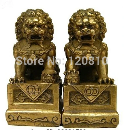 

China Chinese Brass Folk Fengshui Foo Fu Dog Guardion Door Lion Statue Pair