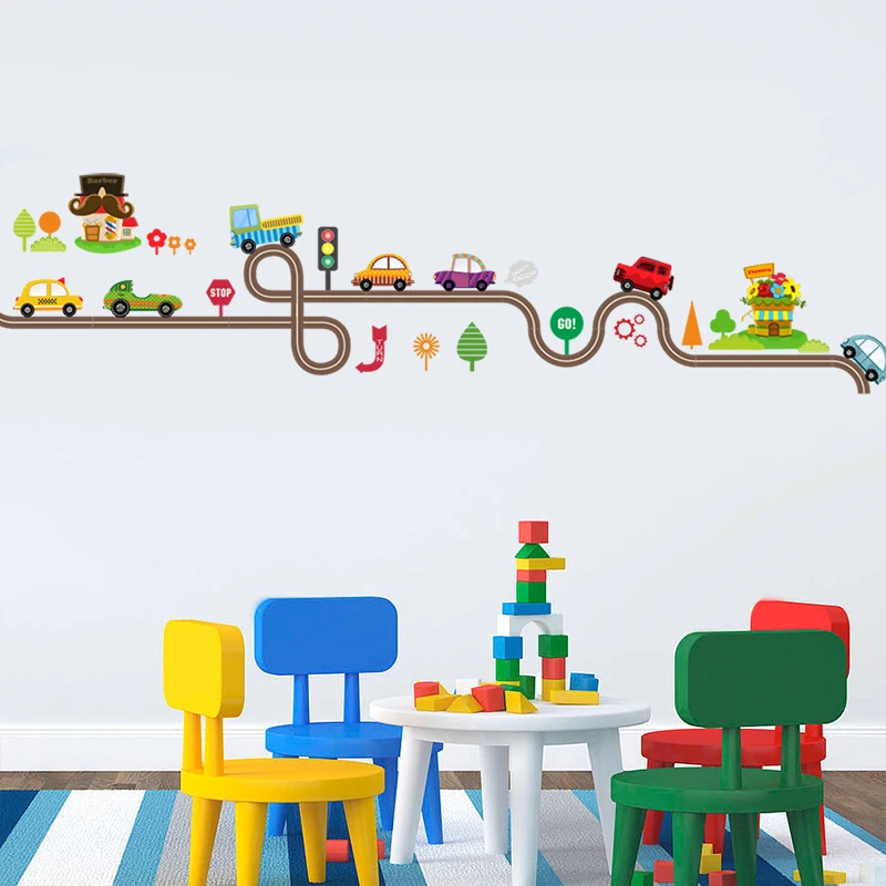 Cartoon Cars Highway Track Wall Stickers For Kids Rooms Sticker Children's Play Room Bedroom Decor Wall Art Decals