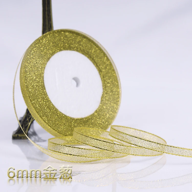 6-10-15-20-25-40-50mm Gold Silver Glitter Metallic Ribbons Christmas Halloween Wedding Birthday Party Decoration Gift Wrapping - Цвет: 6mm Gold