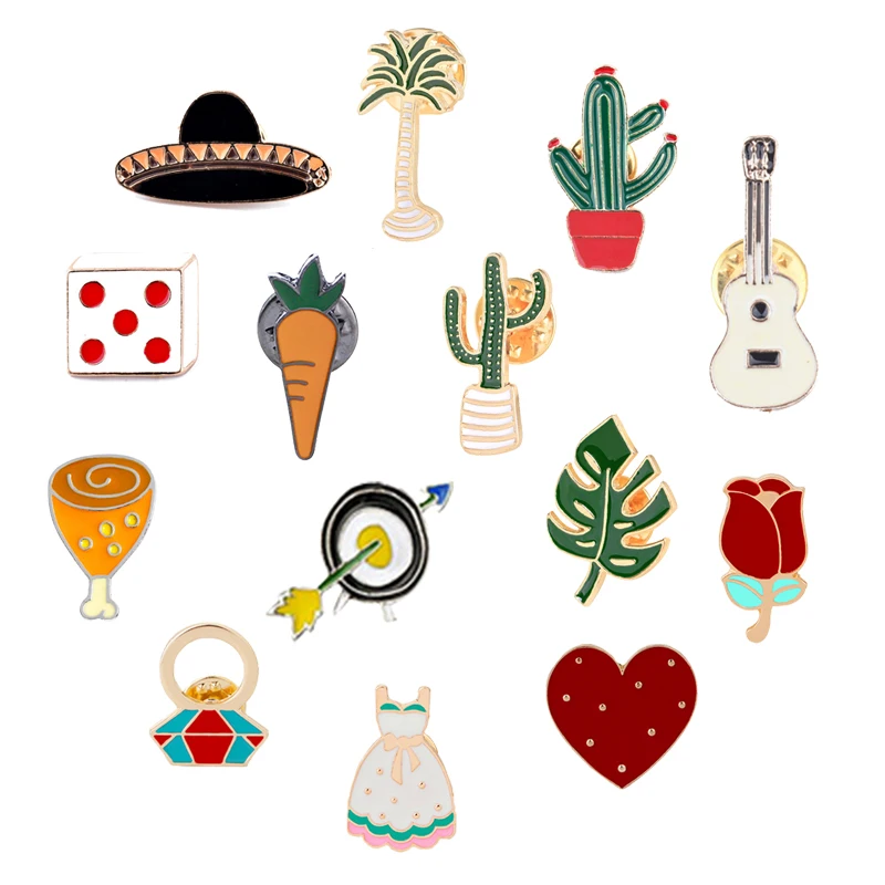 

Cartoon Enamel Pin Fashion Chicken Legs Carrot Leaves Cactus Guitar Rose Pins Brooches Clothes Badge Jewelry Gift For Girls Boys