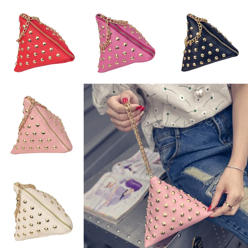 

Women's Purses and Wallets 2017 New Cute Little Triangle Rivet Clutches Small Mini Coin Chain Hand Bags PU Leather Bag bolsa #7